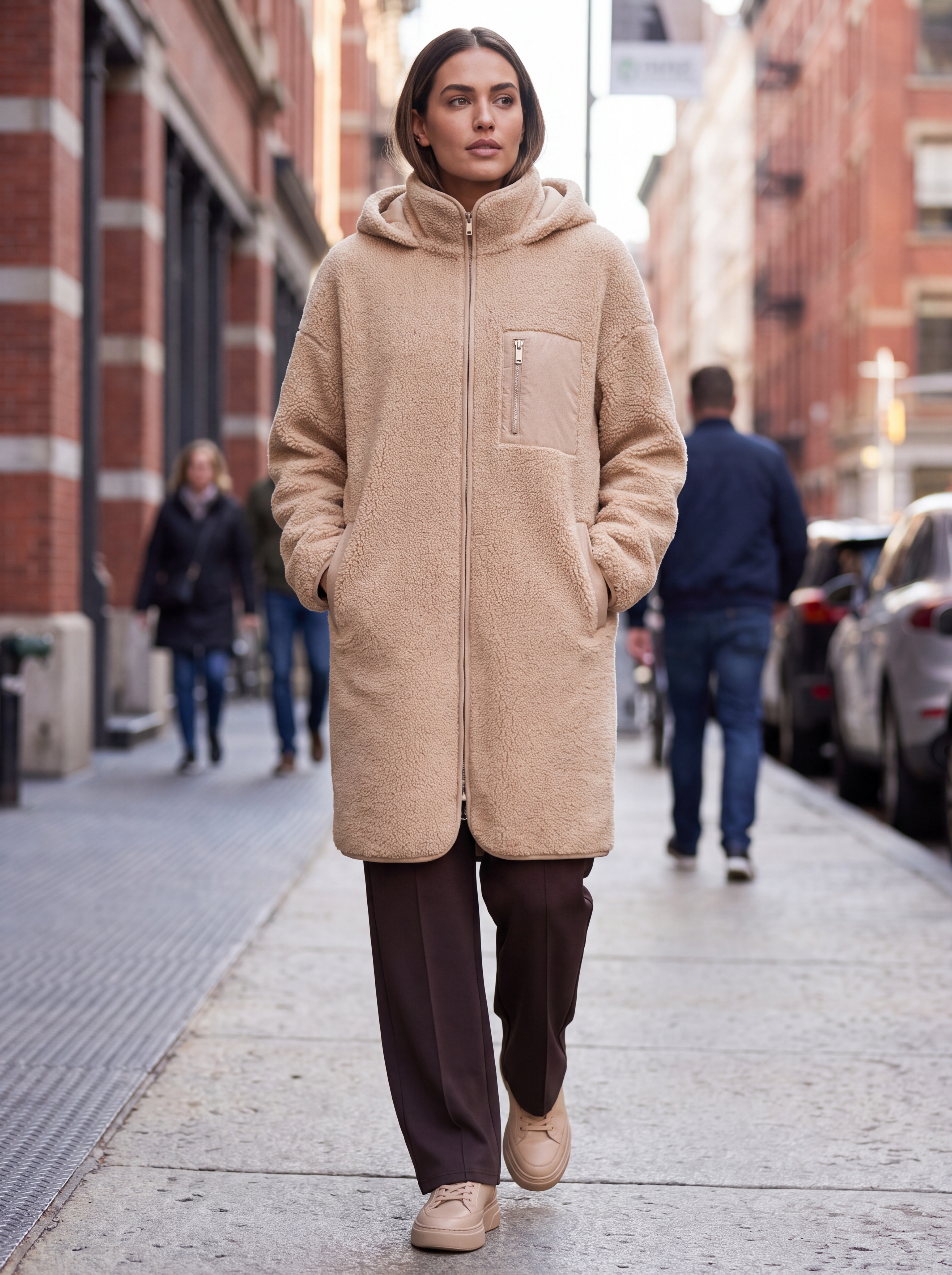 Dámsky plyšový kabát s kapucňou BROADWAY NYC FASHION ECRU BÉŽOVÁ s.WEAR 1